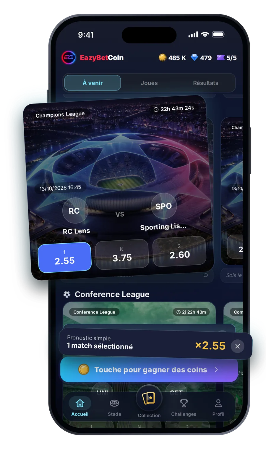 Capture de l'app EazyBetCoin : l'accueil et les matchs du jour