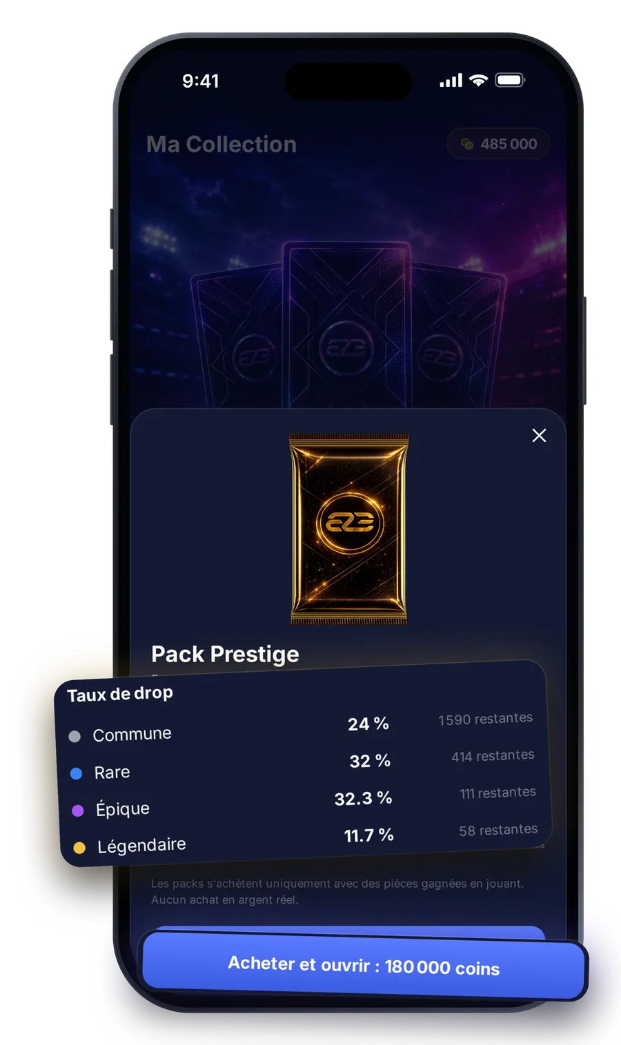 Capture de l'app EazyBetCoin : le Pack Prestige et ses chances par rareté